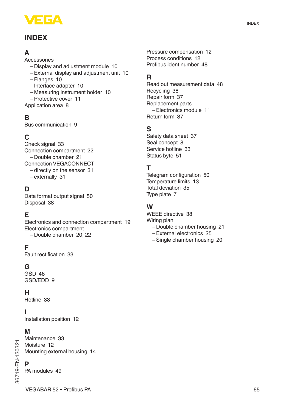 Index | VEGA VEGABAR 52 Profibus PA User Manual | Page 65 / 68