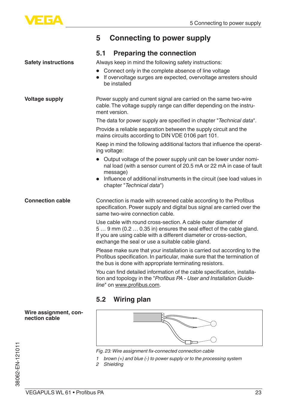 5 connecting to power supply, 1 preparing the connection, 2 wiring plan | VEGA VEGAPULS WL 61 Profibus PA User Manual | Page 23 / 52