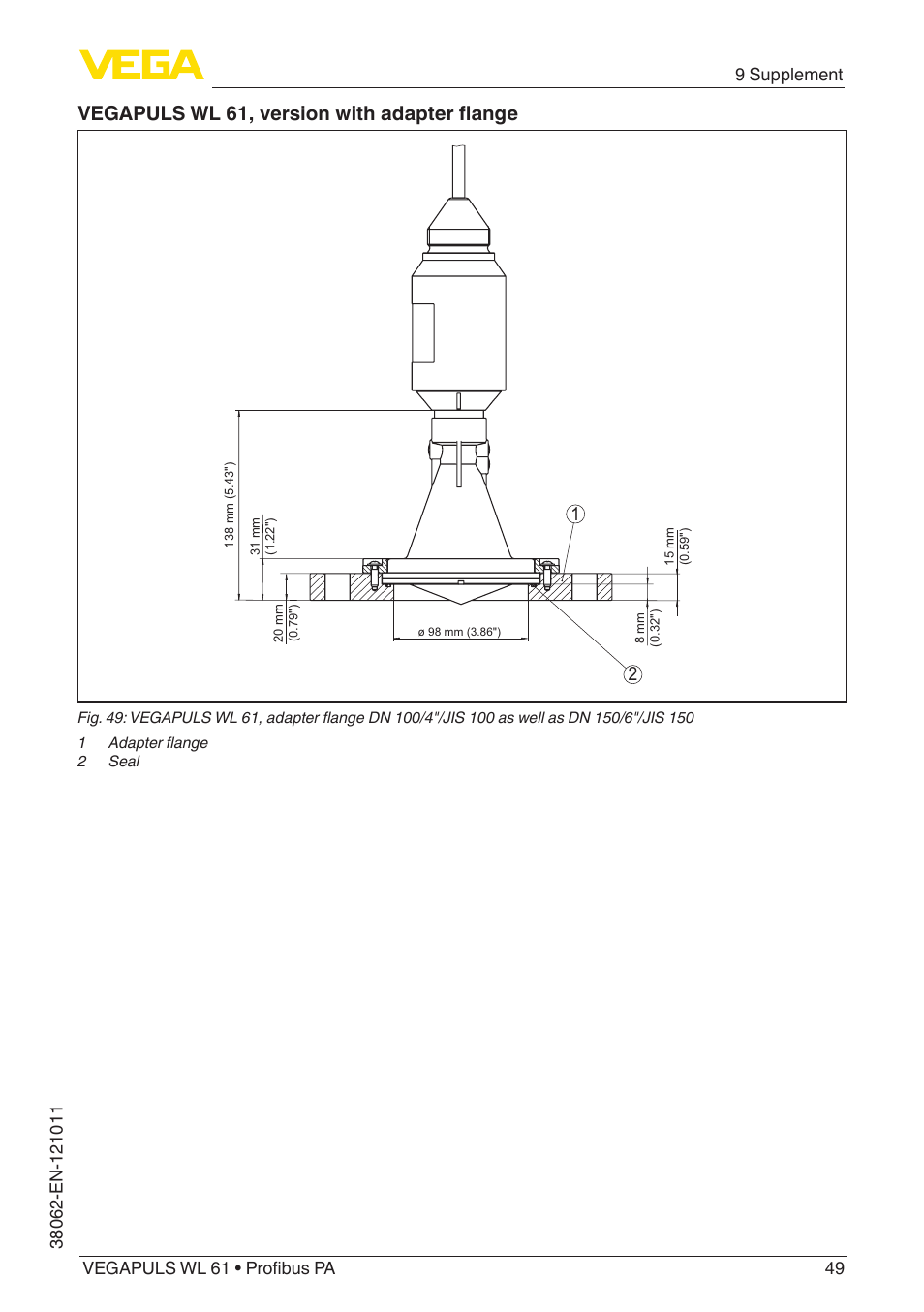 Vegapuls wl 61, version with adapter flange | VEGA VEGAPULS WL 61 Profibus PA User Manual | Page 49 / 52