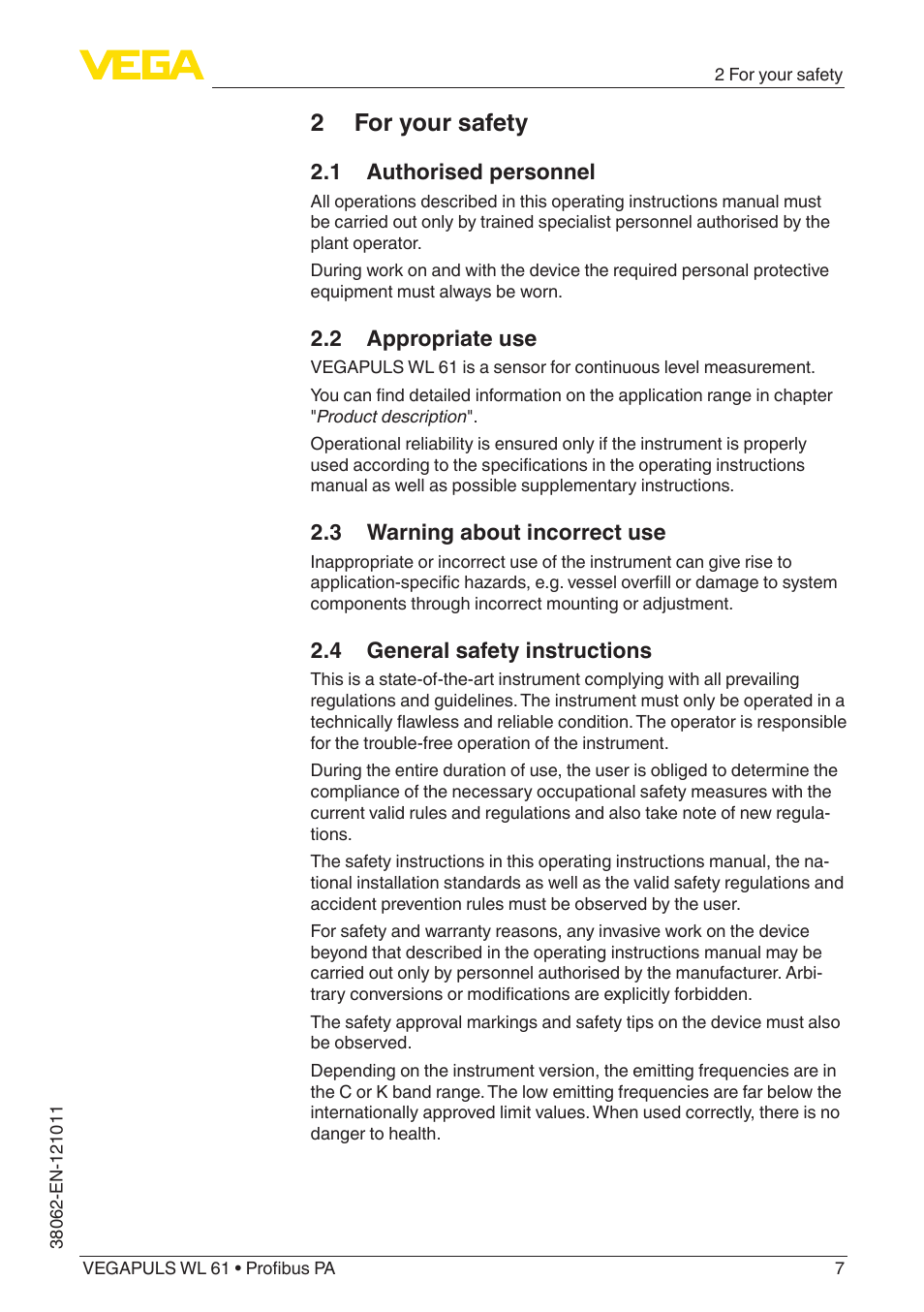 2 for your safety, 1 authorised personnel, 2 appropriate use | 3 warning about incorrect use, 4 general safety instructions | VEGA VEGAPULS WL 61 Profibus PA User Manual | Page 7 / 52