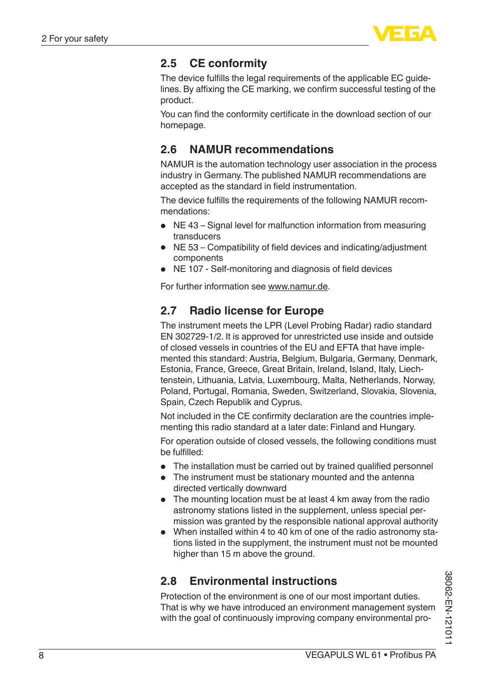 5 ce conformity, 6 namur recommendations, 7 radio license for europe | 8 environmental instructions | VEGA VEGAPULS WL 61 Profibus PA User Manual | Page 8 / 52