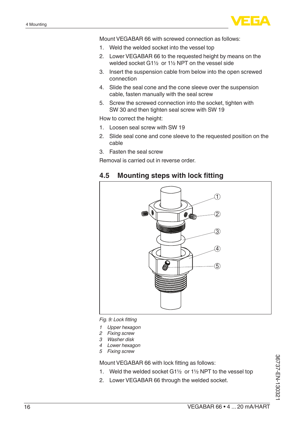 5 mounting steps with lock fitting | VEGA VEGABAR 66 4 … 20 mA_HART User Manual | Page 16 / 76