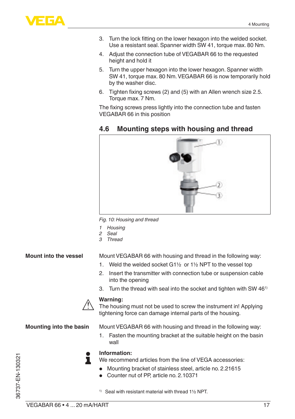 6 mounting steps with housing and thread | VEGA VEGABAR 66 4 … 20 mA_HART User Manual | Page 17 / 76