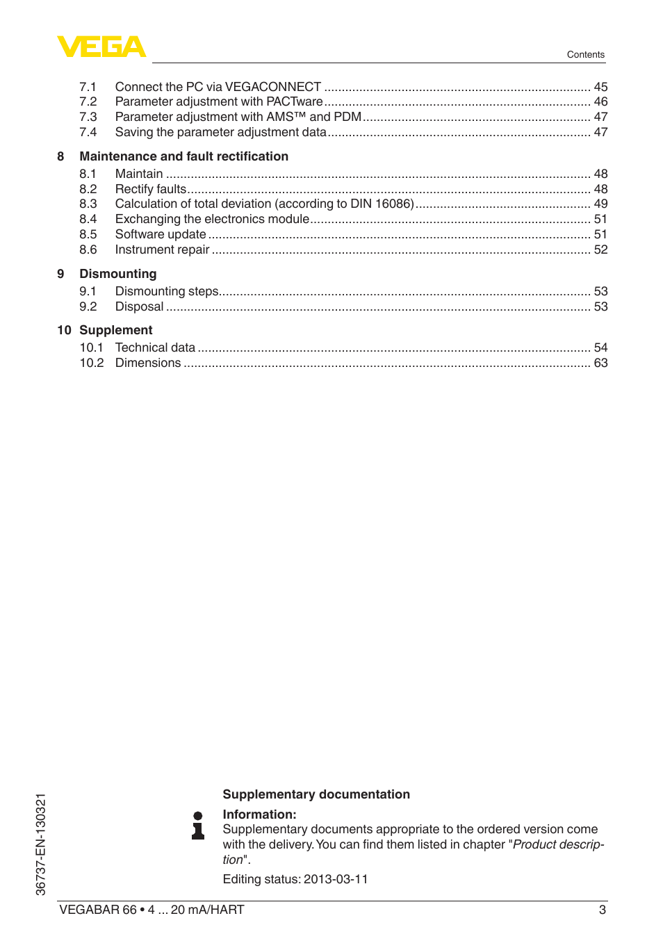 VEGA VEGABAR 66 4 … 20 mA_HART User Manual | Page 3 / 76