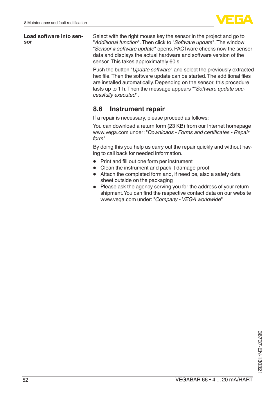 VEGA VEGABAR 66 4 … 20 mA_HART User Manual | Page 52 / 76