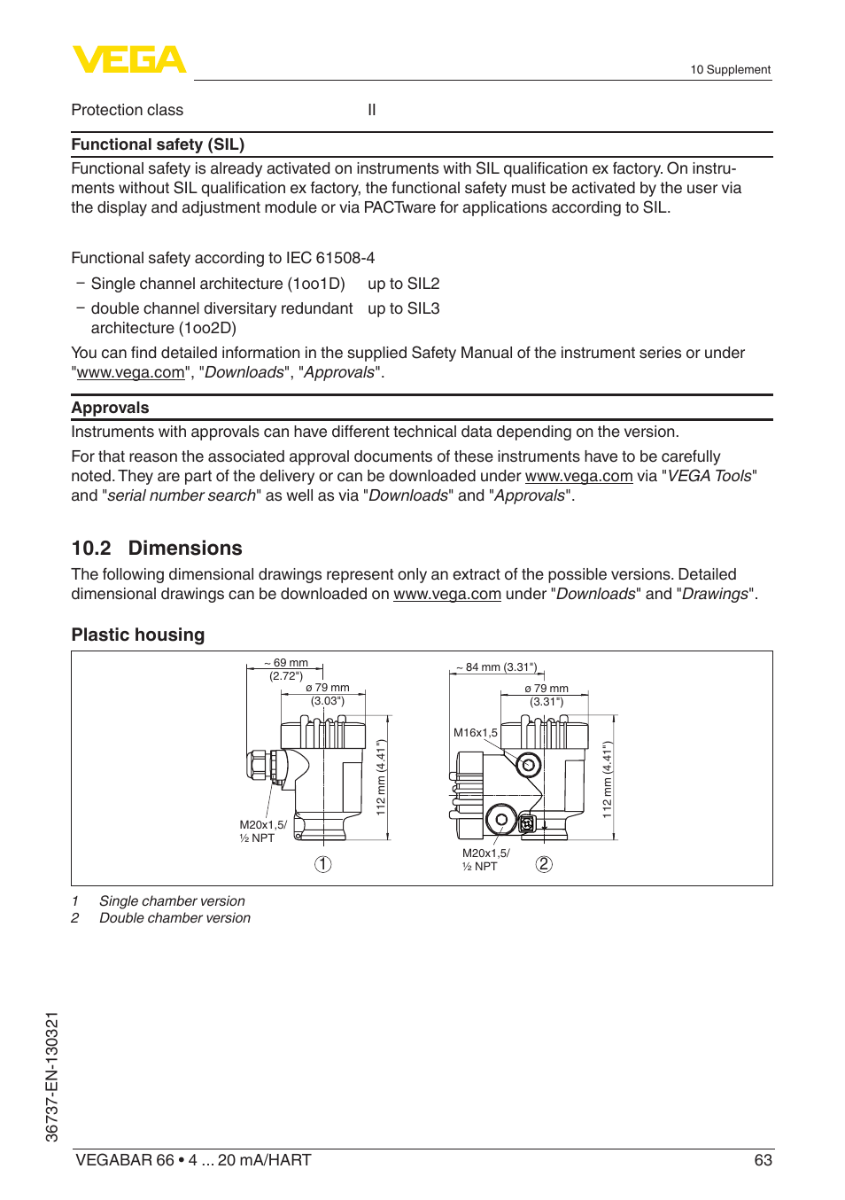 2 dimensions, Plastic housing | VEGA VEGABAR 66 4 … 20 mA_HART User Manual | Page 63 / 76