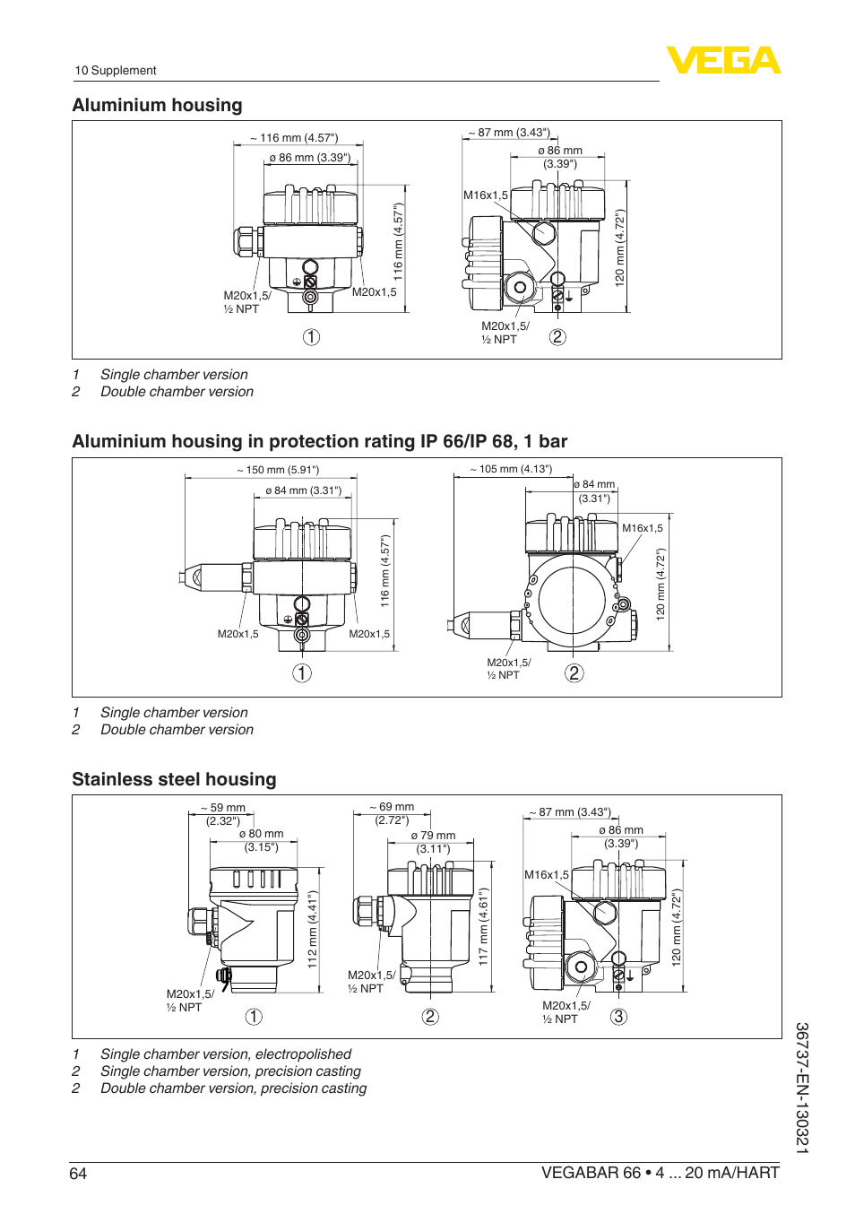 Aluminium housing, Stainless steel housing | VEGA VEGABAR 66 4 … 20 mA_HART User Manual | Page 64 / 76