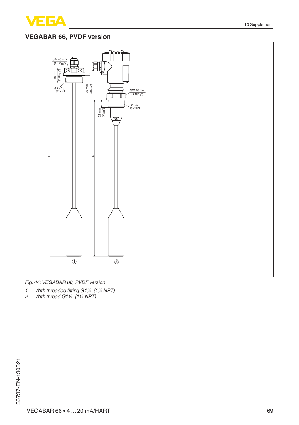 Vegabar 66, pvdf version | VEGA VEGABAR 66 4 … 20 mA_HART User Manual | Page 69 / 76