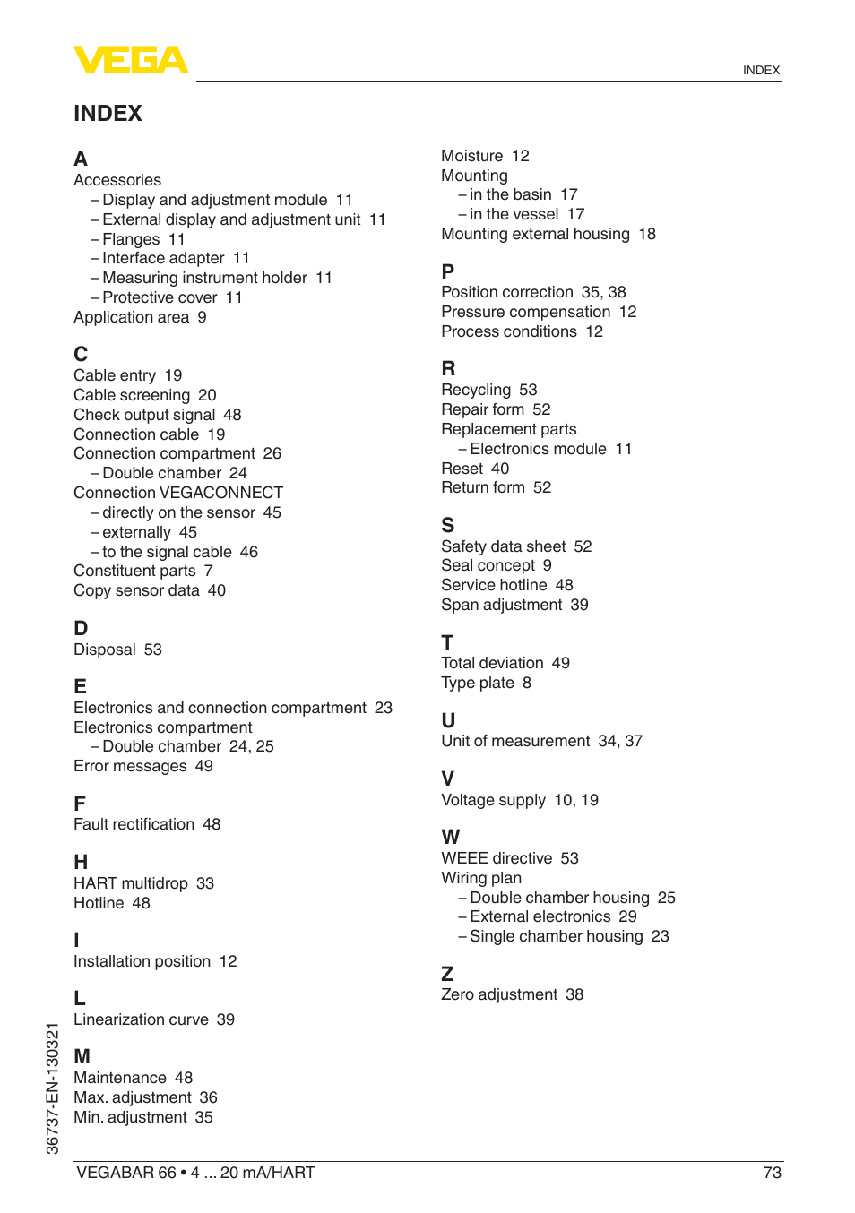 Index | VEGA VEGABAR 66 4 … 20 mA_HART User Manual | Page 73 / 76