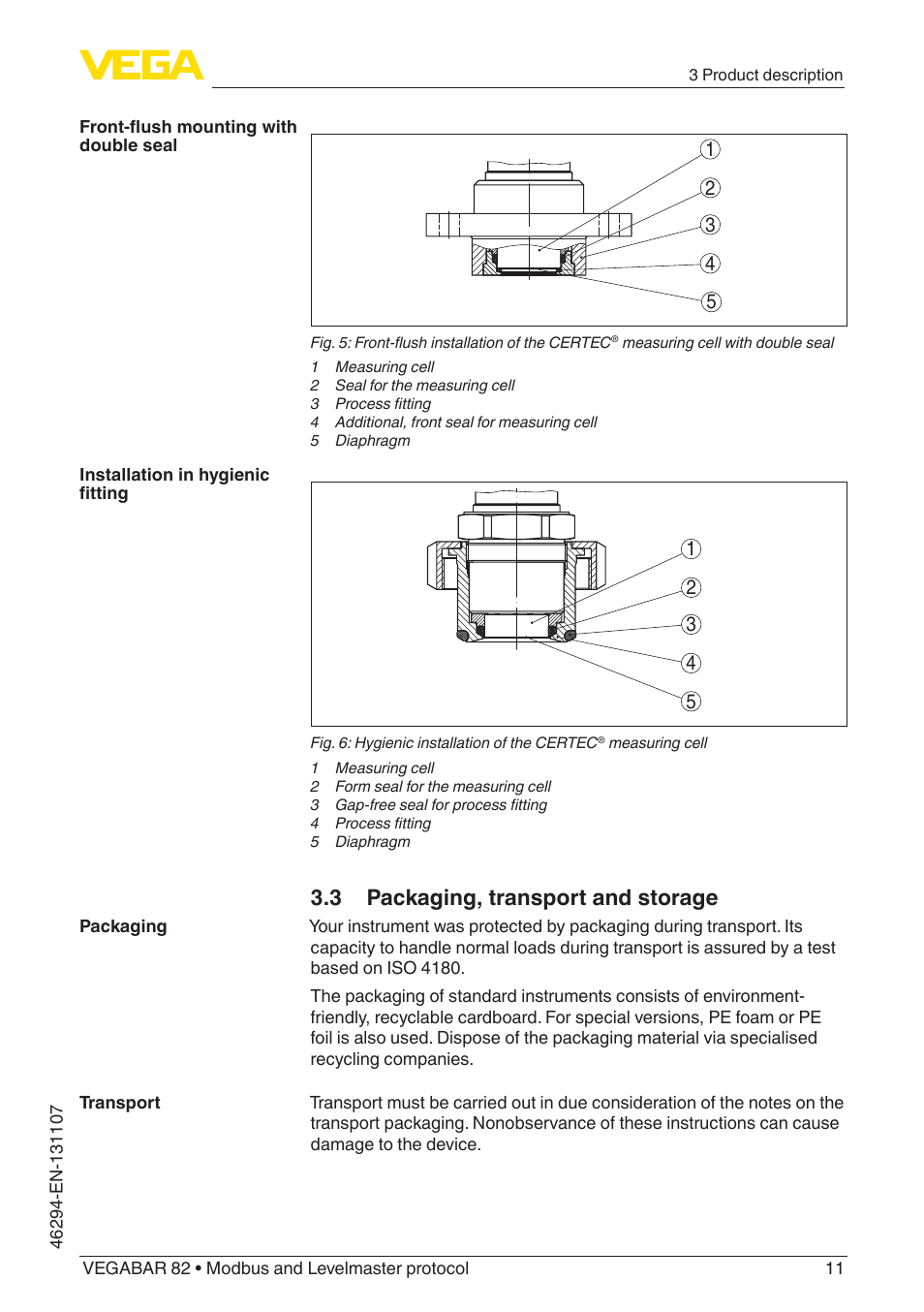 3 packaging, transport and storage | VEGA VEGABAR 82 Modbus and Levelmaster protocol - Operating Instructions User Manual | Page 11 / 92