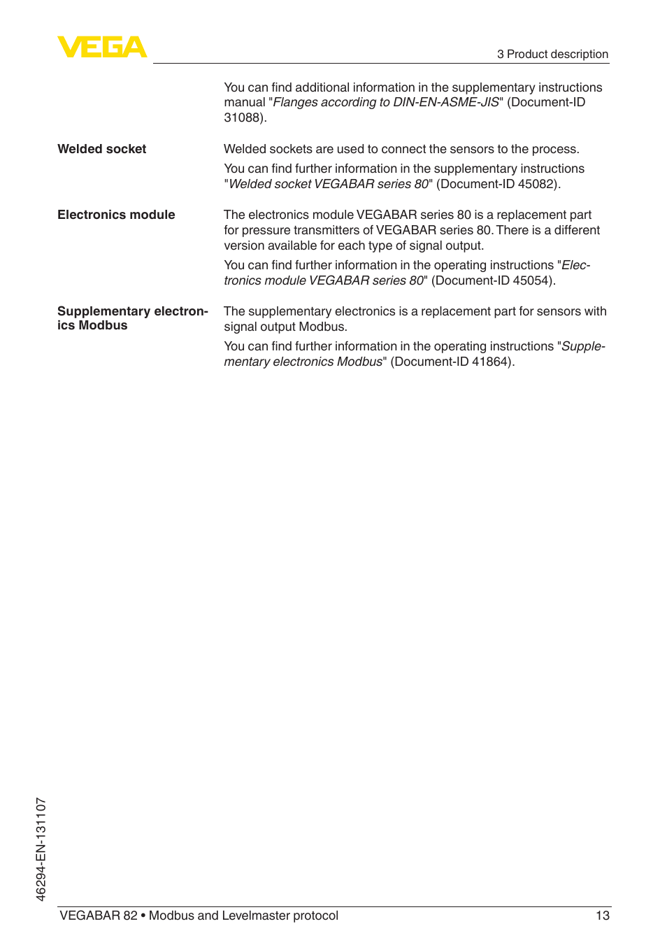 VEGA VEGABAR 82 Modbus and Levelmaster protocol - Operating Instructions User Manual | Page 13 / 92