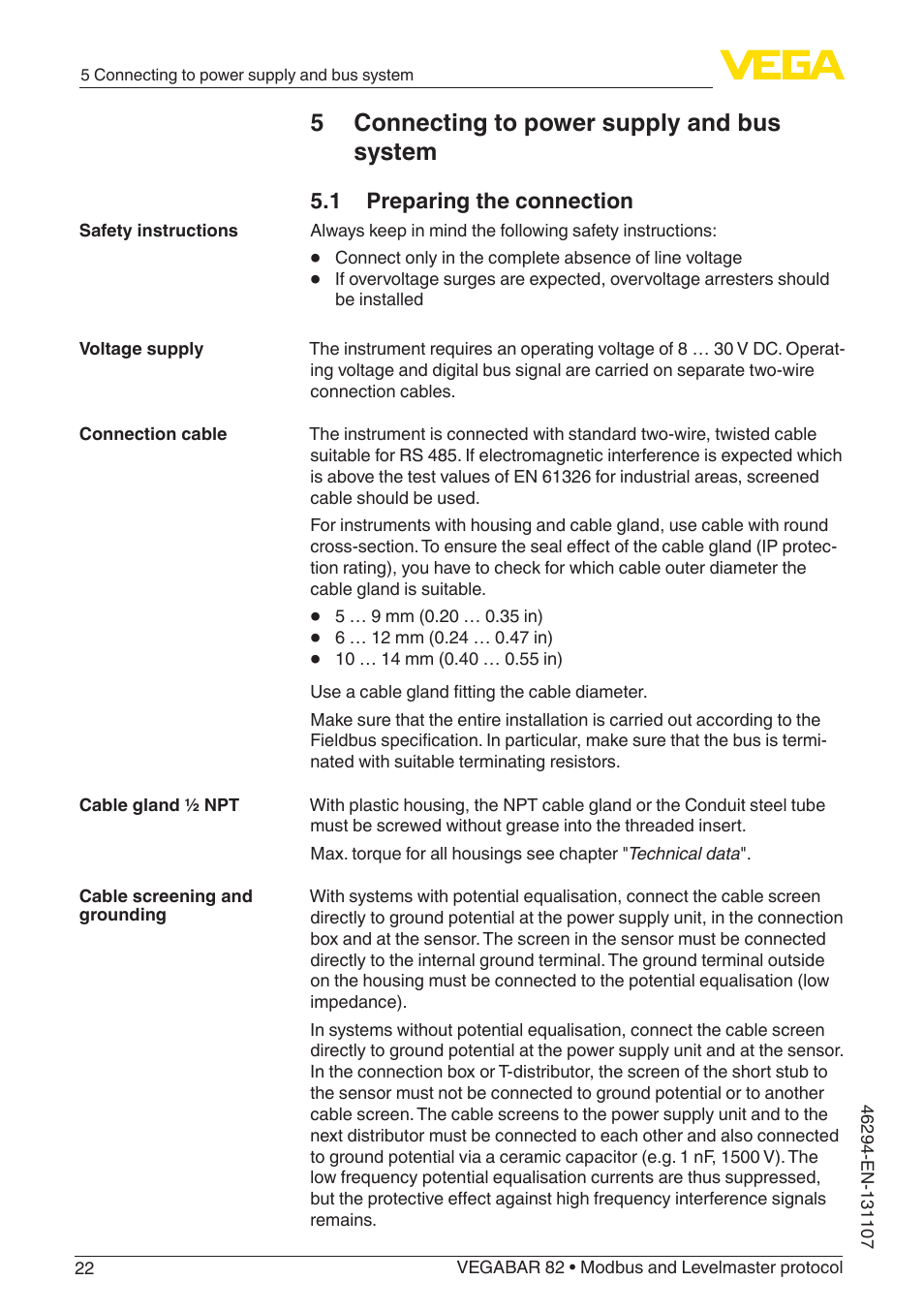 5 connecting to power supply and bus system, 1 preparing the connection | VEGA VEGABAR 82 Modbus and Levelmaster protocol - Operating Instructions User Manual | Page 22 / 92