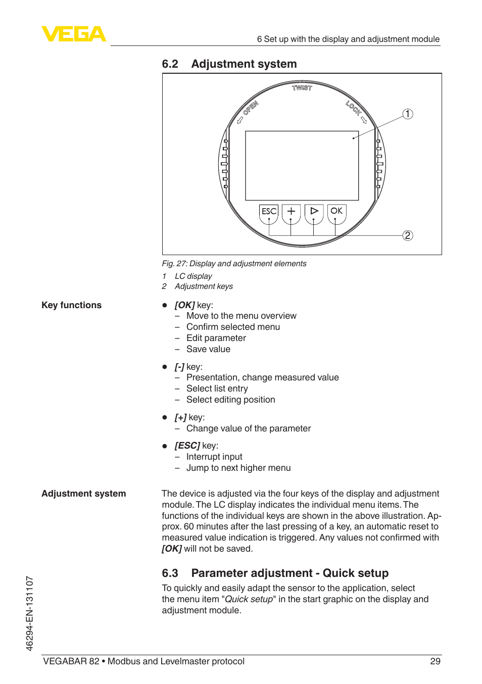 2 adjustment system, 3 parameter adjustment - quick setup | VEGA VEGABAR 82 Modbus and Levelmaster protocol - Operating Instructions User Manual | Page 29 / 92