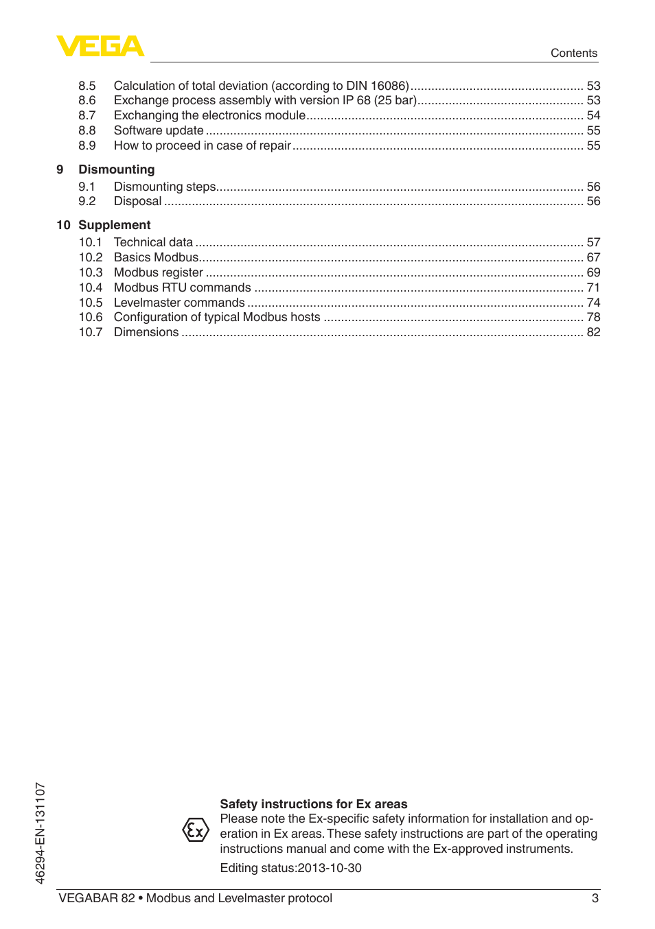 VEGA VEGABAR 82 Modbus and Levelmaster protocol - Operating Instructions User Manual | Page 3 / 92