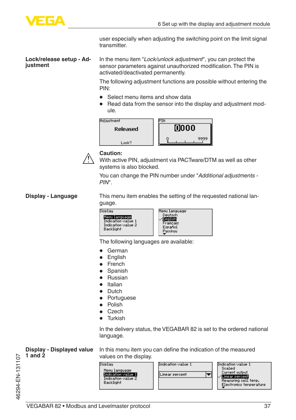 VEGA VEGABAR 82 Modbus and Levelmaster protocol - Operating Instructions User Manual | Page 37 / 92