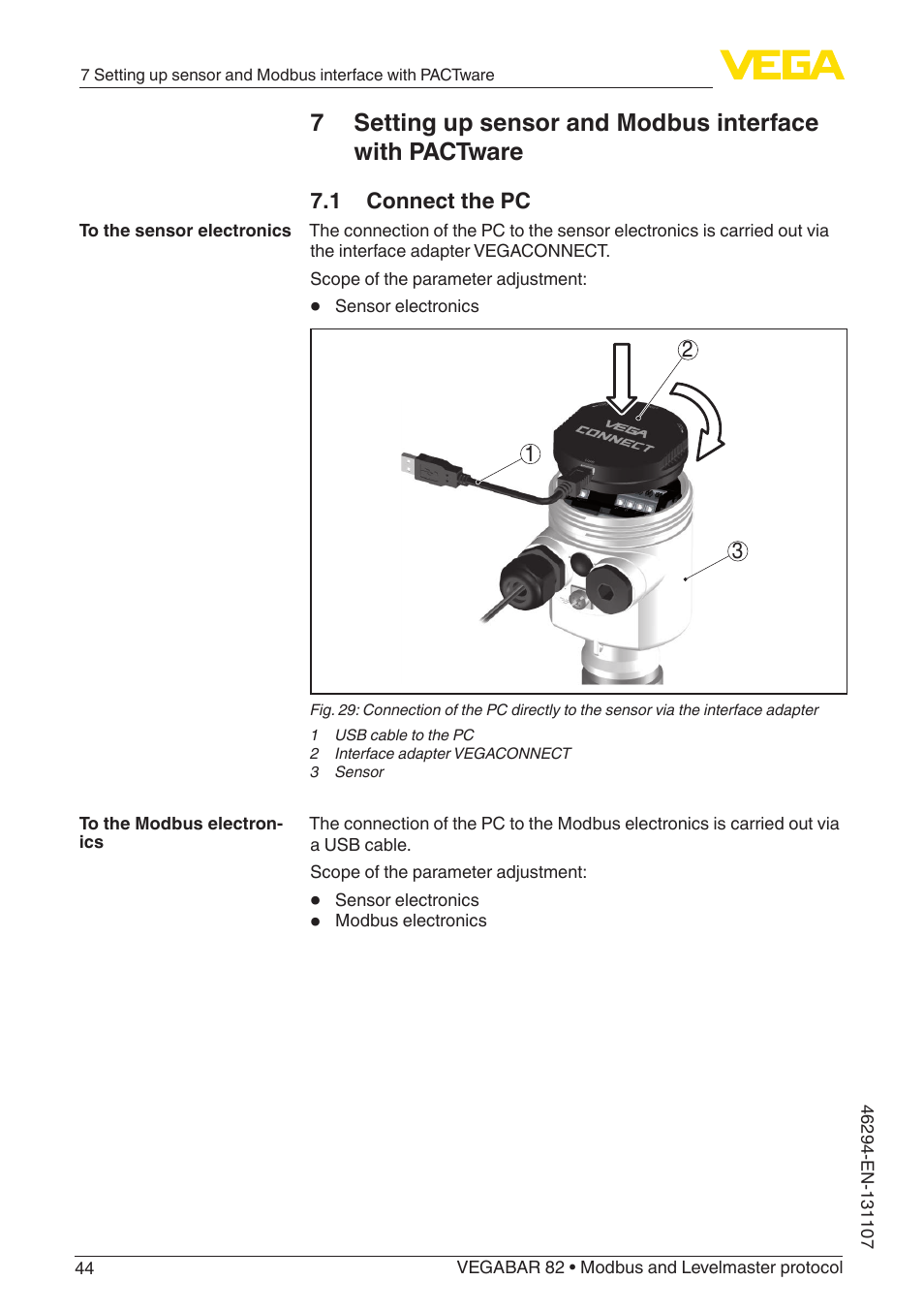 1 connect the pc | VEGA VEGABAR 82 Modbus and Levelmaster protocol - Operating Instructions User Manual | Page 44 / 92