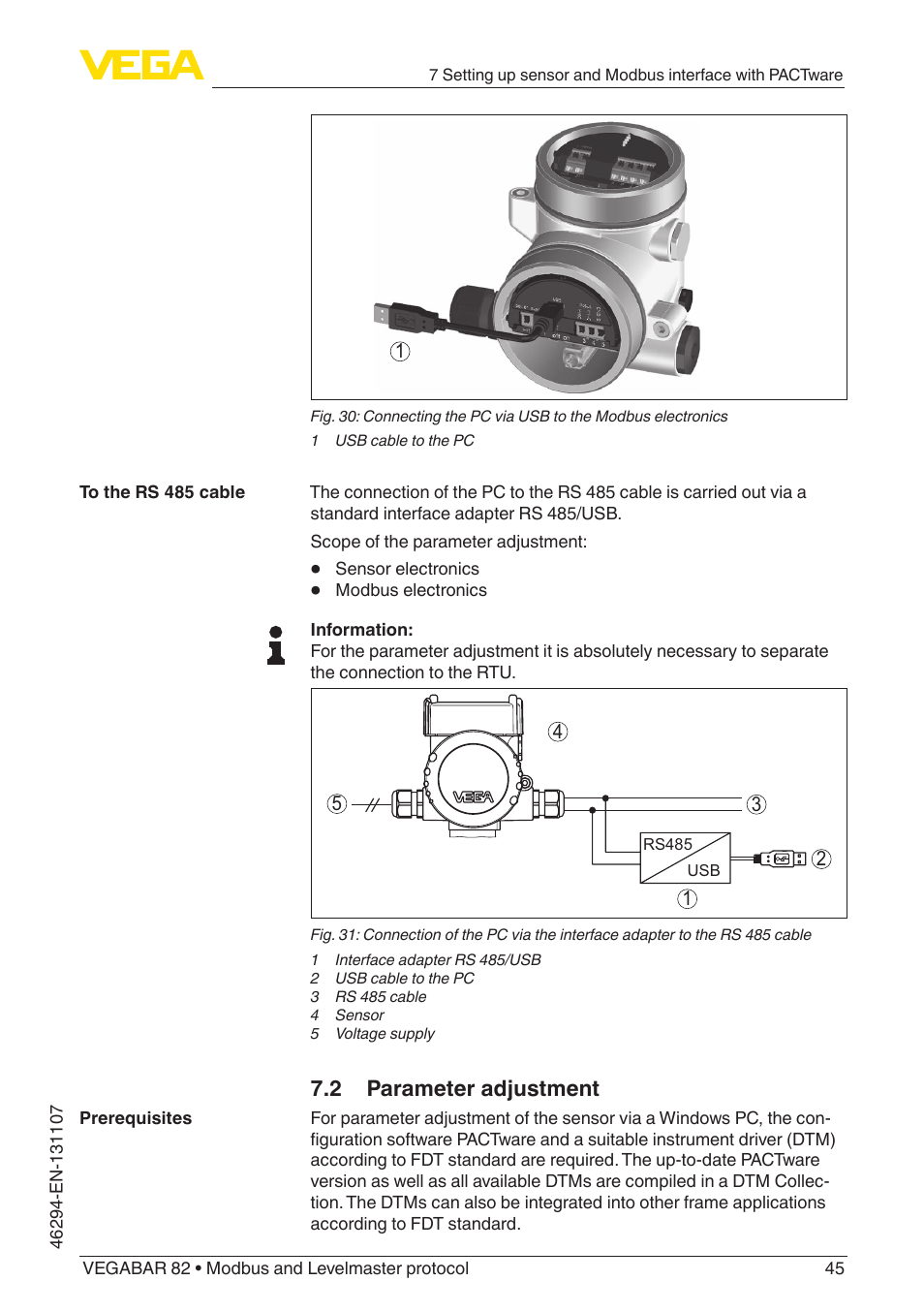 2 parameter adjustment | VEGA VEGABAR 82 Modbus and Levelmaster protocol - Operating Instructions User Manual | Page 45 / 92