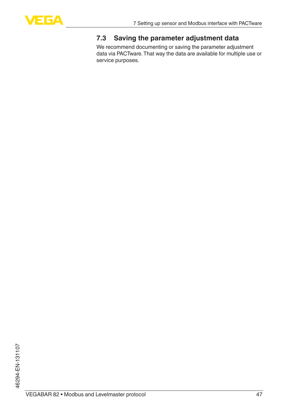 3 saving the parameter adjustment data | VEGA VEGABAR 82 Modbus and Levelmaster protocol - Operating Instructions User Manual | Page 47 / 92