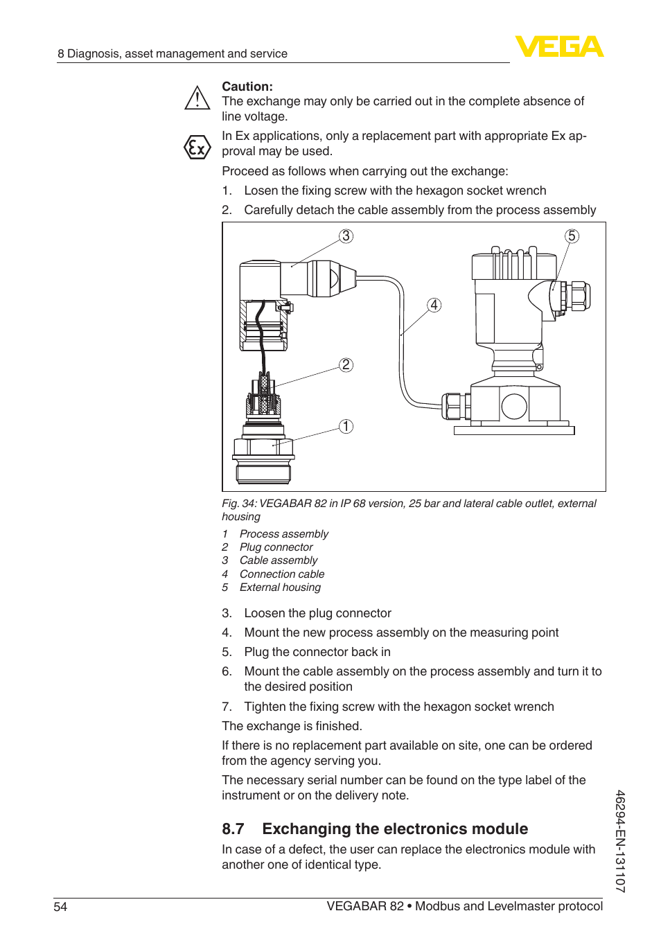 7 exchanging the electronics module | VEGA VEGABAR 82 Modbus and Levelmaster protocol - Operating Instructions User Manual | Page 54 / 92