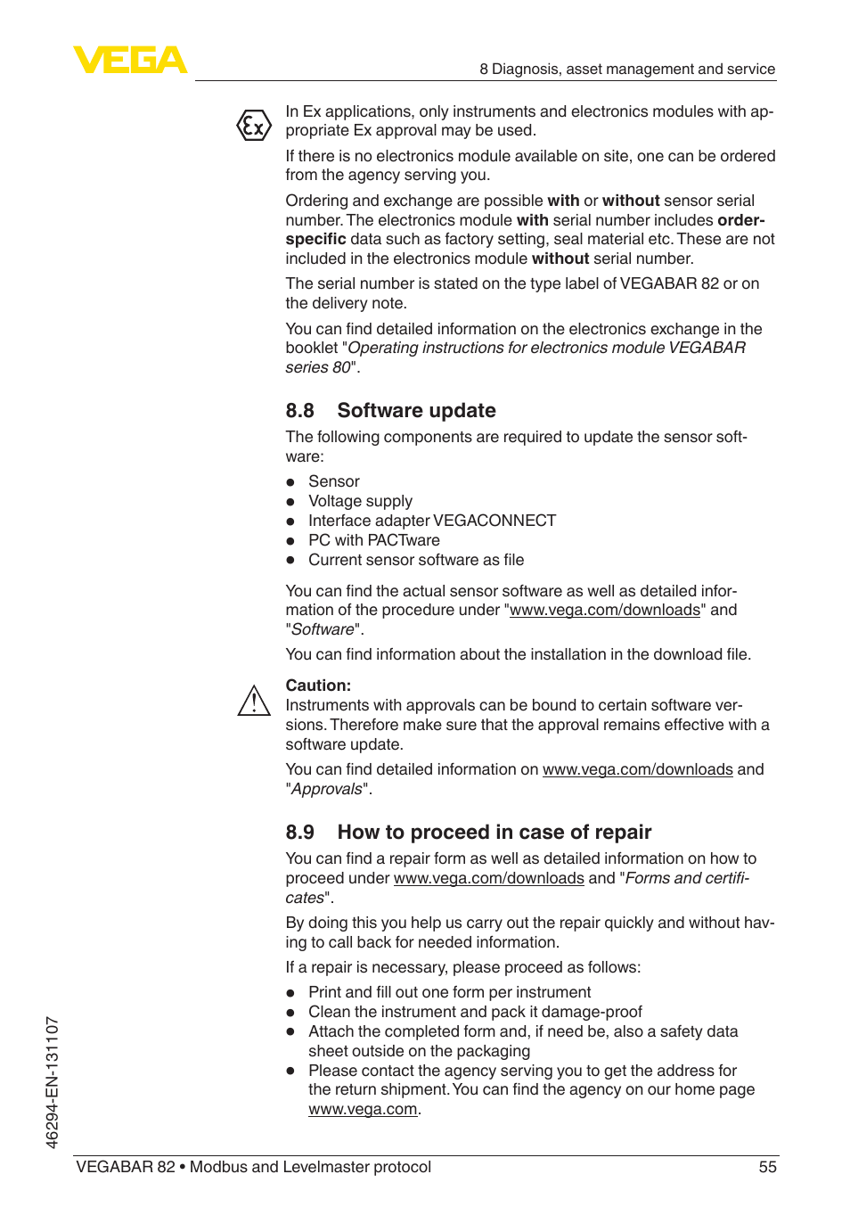 8 software update, 9 how to proceed in case of repair | VEGA VEGABAR 82 Modbus and Levelmaster protocol - Operating Instructions User Manual | Page 55 / 92