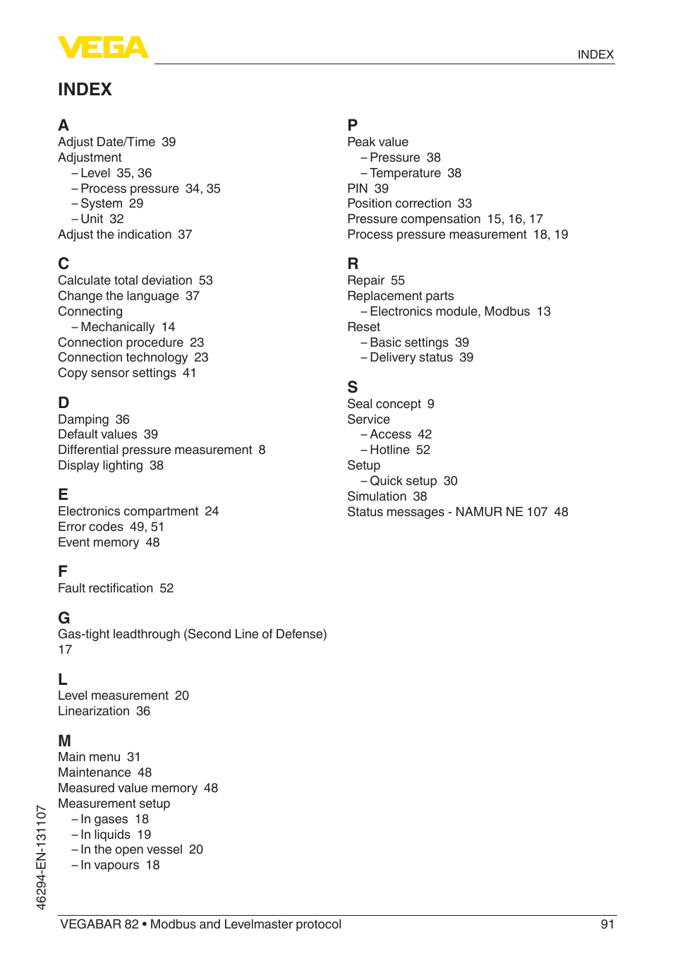 Index | VEGA VEGABAR 82 Modbus and Levelmaster protocol - Operating Instructions User Manual | Page 91 / 92