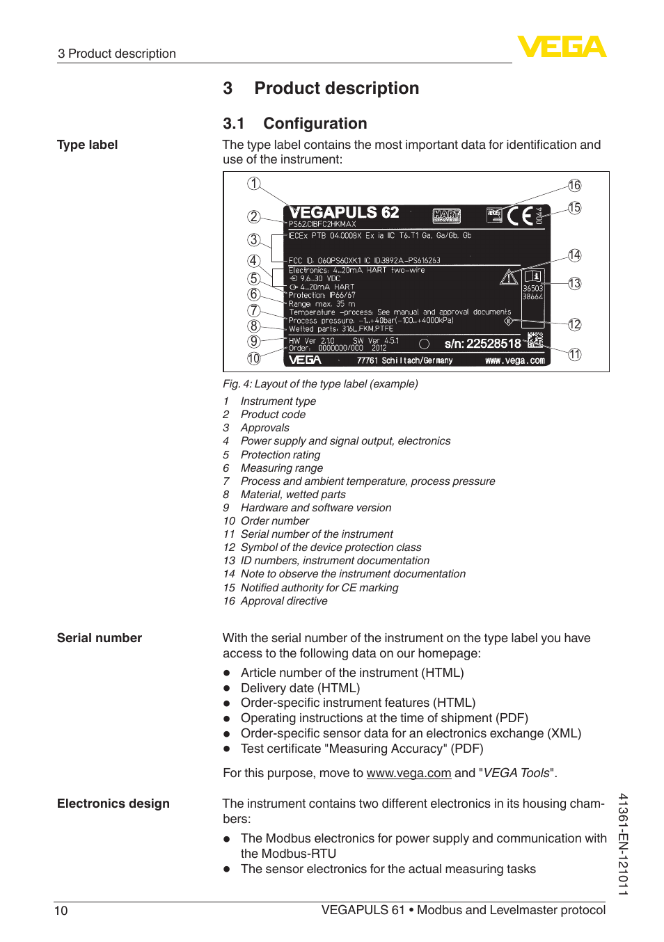 3 product description, 1 configuration | VEGA VEGAPULS 61 (≥ 2.0.0 - ≥ 4.0.0) Modbus and Levelmaster protocol User Manual | Page 10 / 88