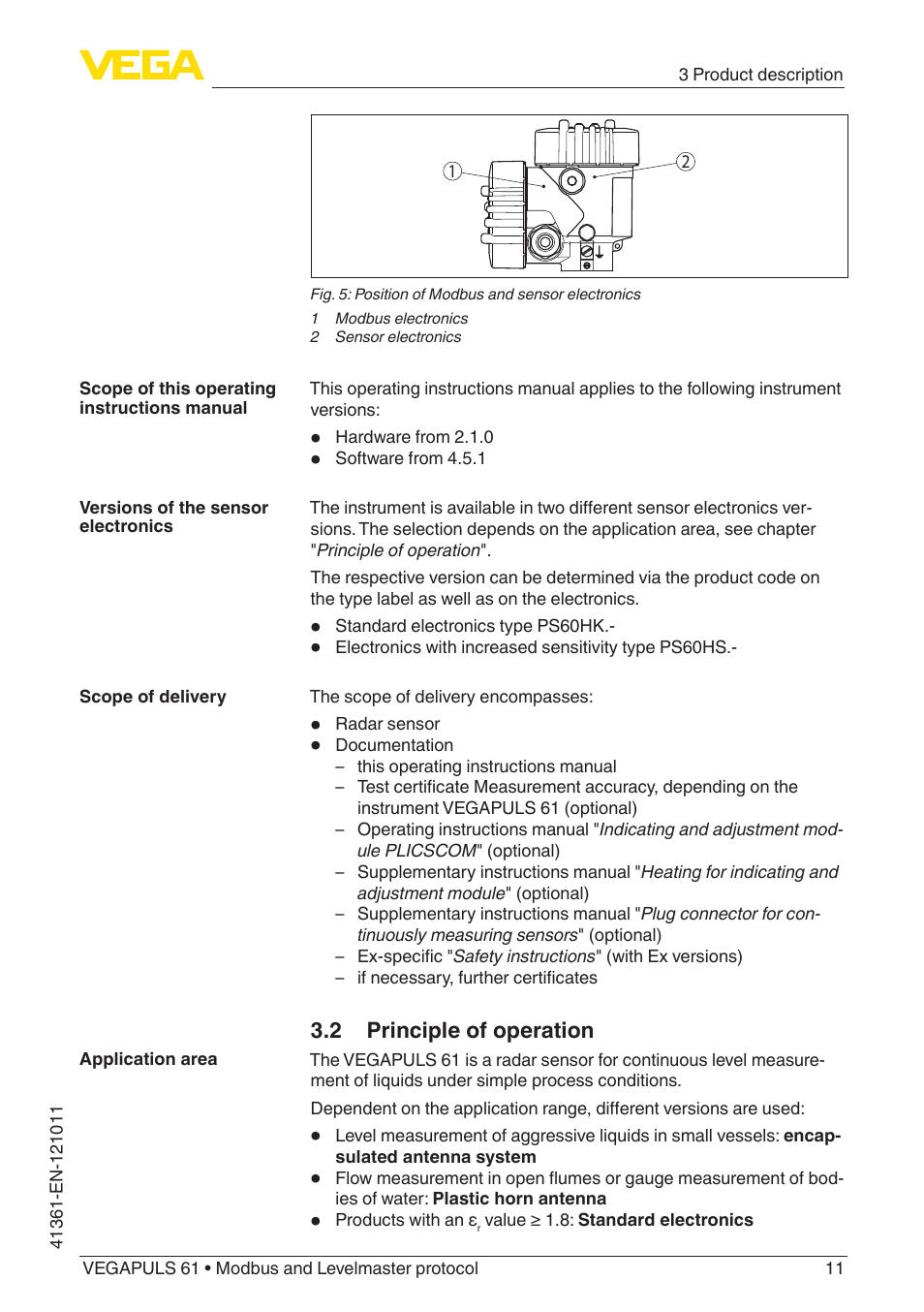 2 principle of operation | VEGA VEGAPULS 61 (≥ 2.0.0 - ≥ 4.0.0) Modbus and Levelmaster protocol User Manual | Page 11 / 88