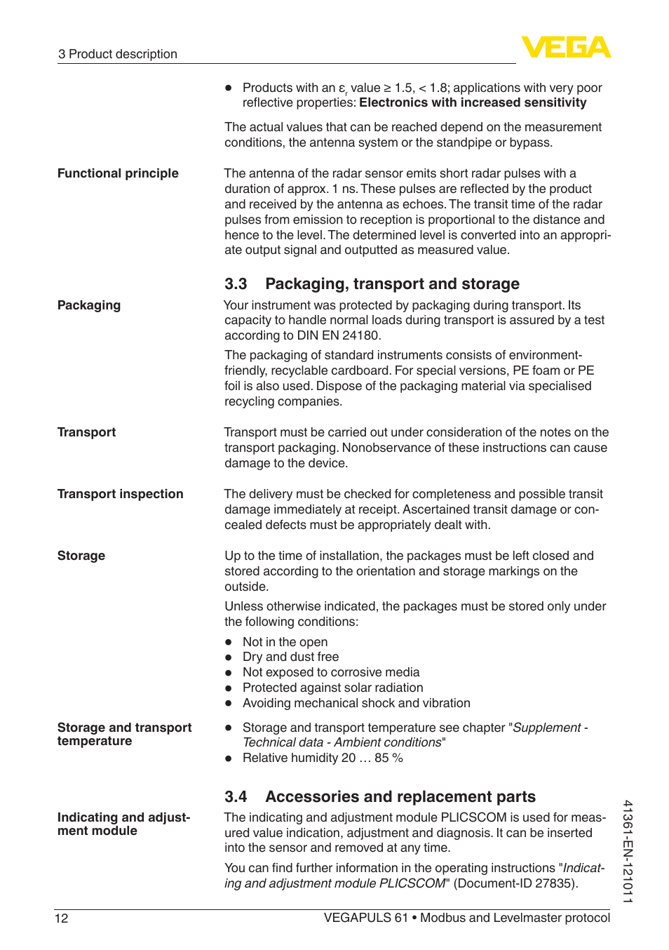 3 packaging, transport and storage, 4 accessories and replacement parts | VEGA VEGAPULS 61 (≥ 2.0.0 - ≥ 4.0.0) Modbus and Levelmaster protocol User Manual | Page 12 / 88