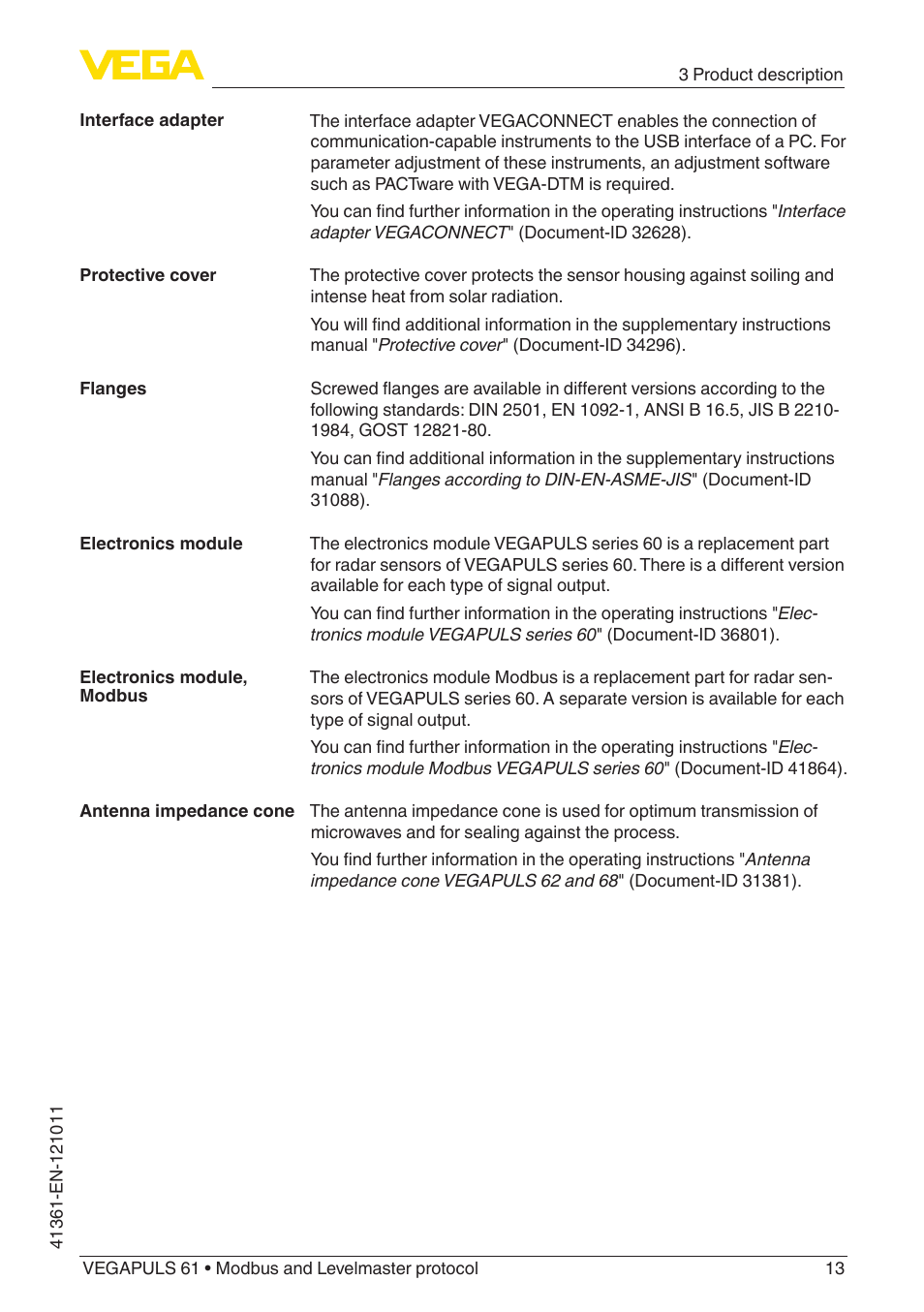 VEGA VEGAPULS 61 (≥ 2.0.0 - ≥ 4.0.0) Modbus and Levelmaster protocol User Manual | Page 13 / 88