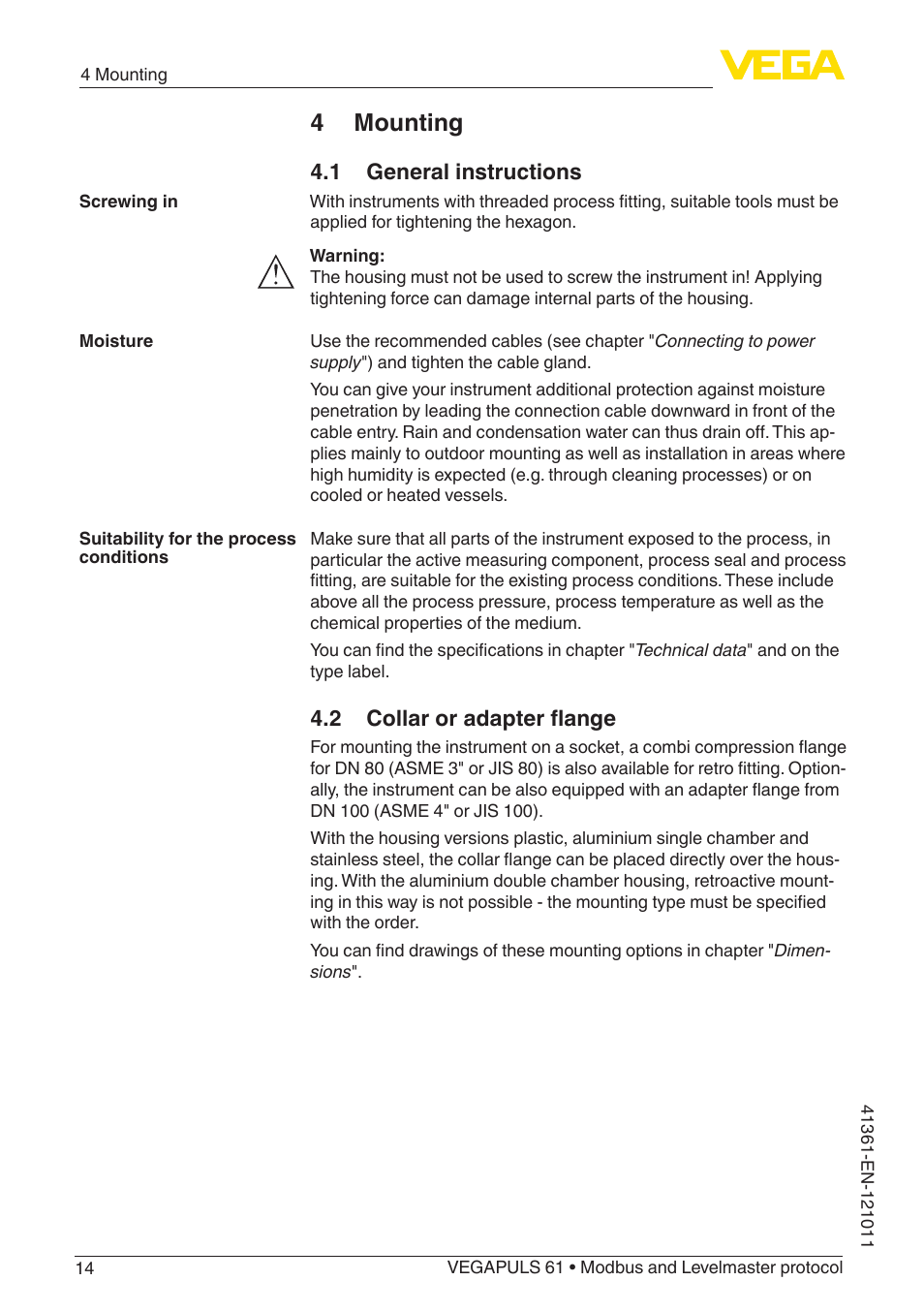 4 mounting, 1 general instructions, 2 collar or adapter flange | VEGA VEGAPULS 61 (≥ 2.0.0 - ≥ 4.0.0) Modbus and Levelmaster protocol User Manual | Page 14 / 88