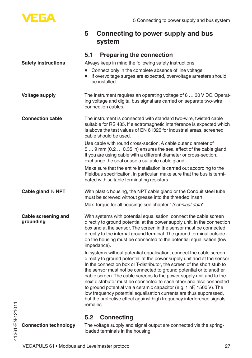 5 connecting to power supply and bus system, 1 preparing the connection, 2 connecting | VEGA VEGAPULS 61 (≥ 2.0.0 - ≥ 4.0.0) Modbus and Levelmaster protocol User Manual | Page 27 / 88