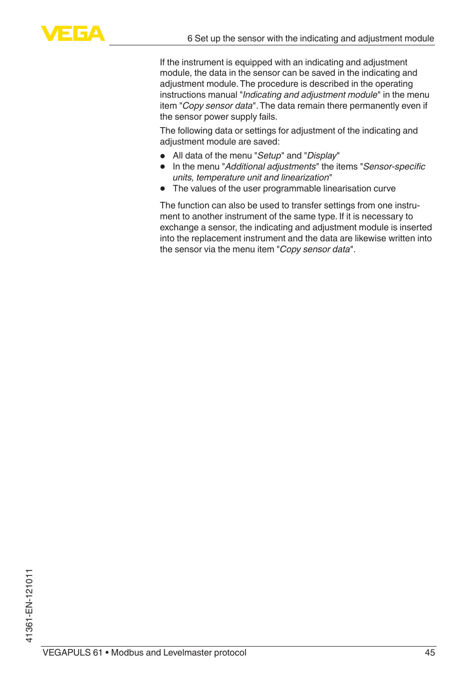 VEGA VEGAPULS 61 (≥ 2.0.0 - ≥ 4.0.0) Modbus and Levelmaster protocol User Manual | Page 45 / 88