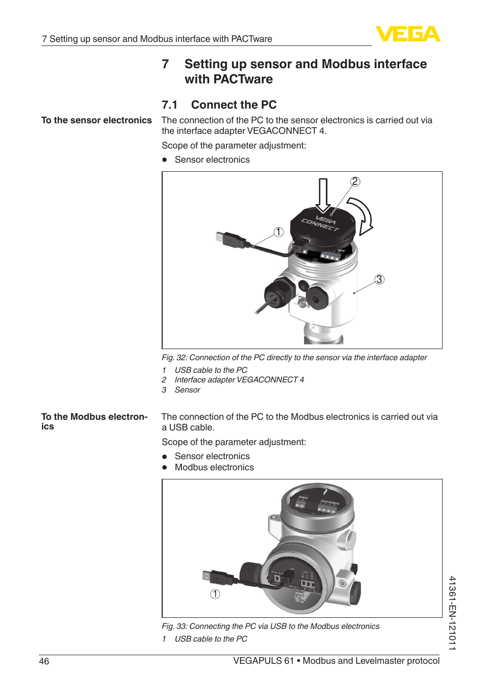 1 connect the pc | VEGA VEGAPULS 61 (≥ 2.0.0 - ≥ 4.0.0) Modbus and Levelmaster protocol User Manual | Page 46 / 88