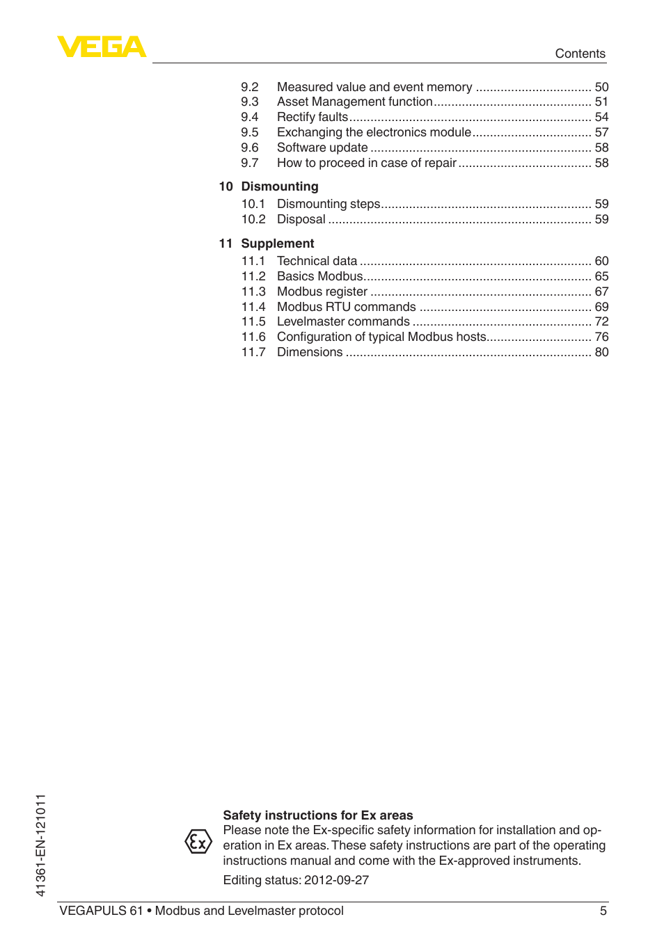 VEGA VEGAPULS 61 (≥ 2.0.0 - ≥ 4.0.0) Modbus and Levelmaster protocol User Manual | Page 5 / 88
