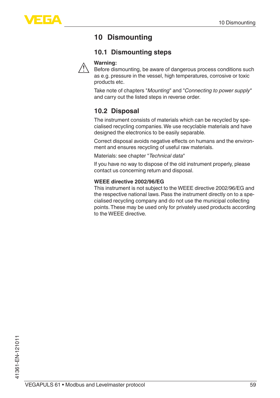 10 dismounting, 1 dismounting steps, 2 disposal | VEGA VEGAPULS 61 (≥ 2.0.0 - ≥ 4.0.0) Modbus and Levelmaster protocol User Manual | Page 59 / 88