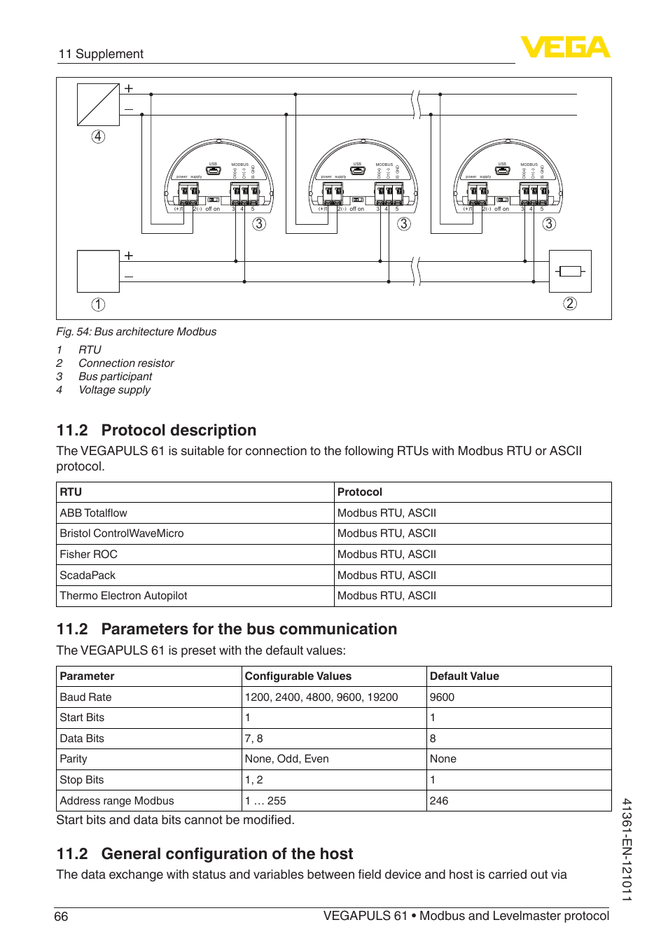 2 protocol description, 2 parameters for the bus communication, 2 general configuration of the host | The vegapuls 61 is preset with the default values, Start bits and data bits cannot be modified | VEGA VEGAPULS 61 (≥ 2.0.0 - ≥ 4.0.0) Modbus and Levelmaster protocol User Manual | Page 66 / 88
