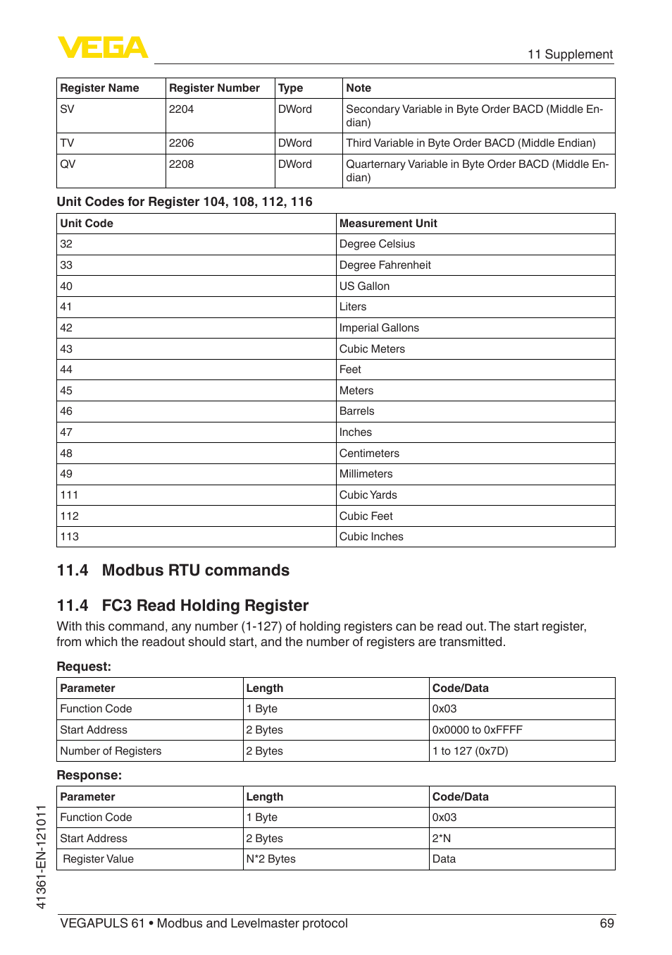 4 modbus rtu commands, 4 fc3 read holding register | VEGA VEGAPULS 61 (≥ 2.0.0 - ≥ 4.0.0) Modbus and Levelmaster protocol User Manual | Page 69 / 88