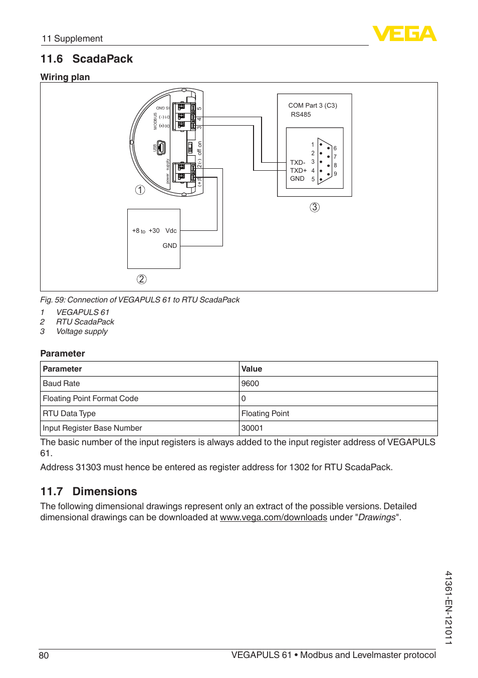 7 dimensions, 6 scadapack, Wiring plan | Parameter | VEGA VEGAPULS 61 (≥ 2.0.0 - ≥ 4.0.0) Modbus and Levelmaster protocol User Manual | Page 80 / 88