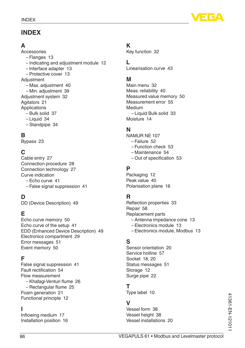Index | VEGA VEGAPULS 61 (≥ 2.0.0 - ≥ 4.0.0) Modbus and Levelmaster protocol User Manual | Page 86 / 88