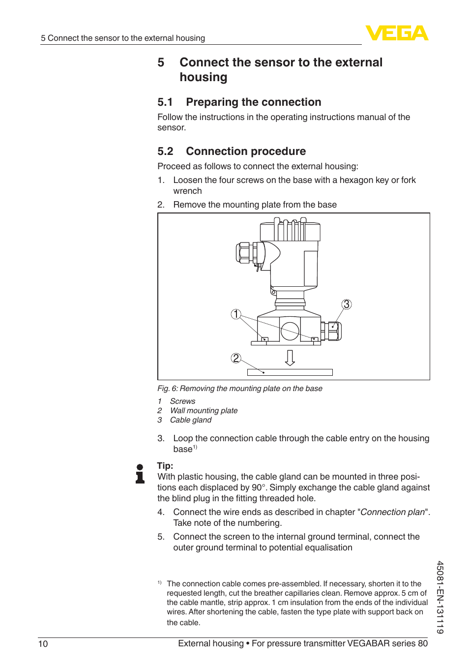 5 connect the sensor to the external housing, 1 preparing the connection, 2 connection procedure | VEGA VEGABAR series 80 External housing User Manual | Page 10 / 20