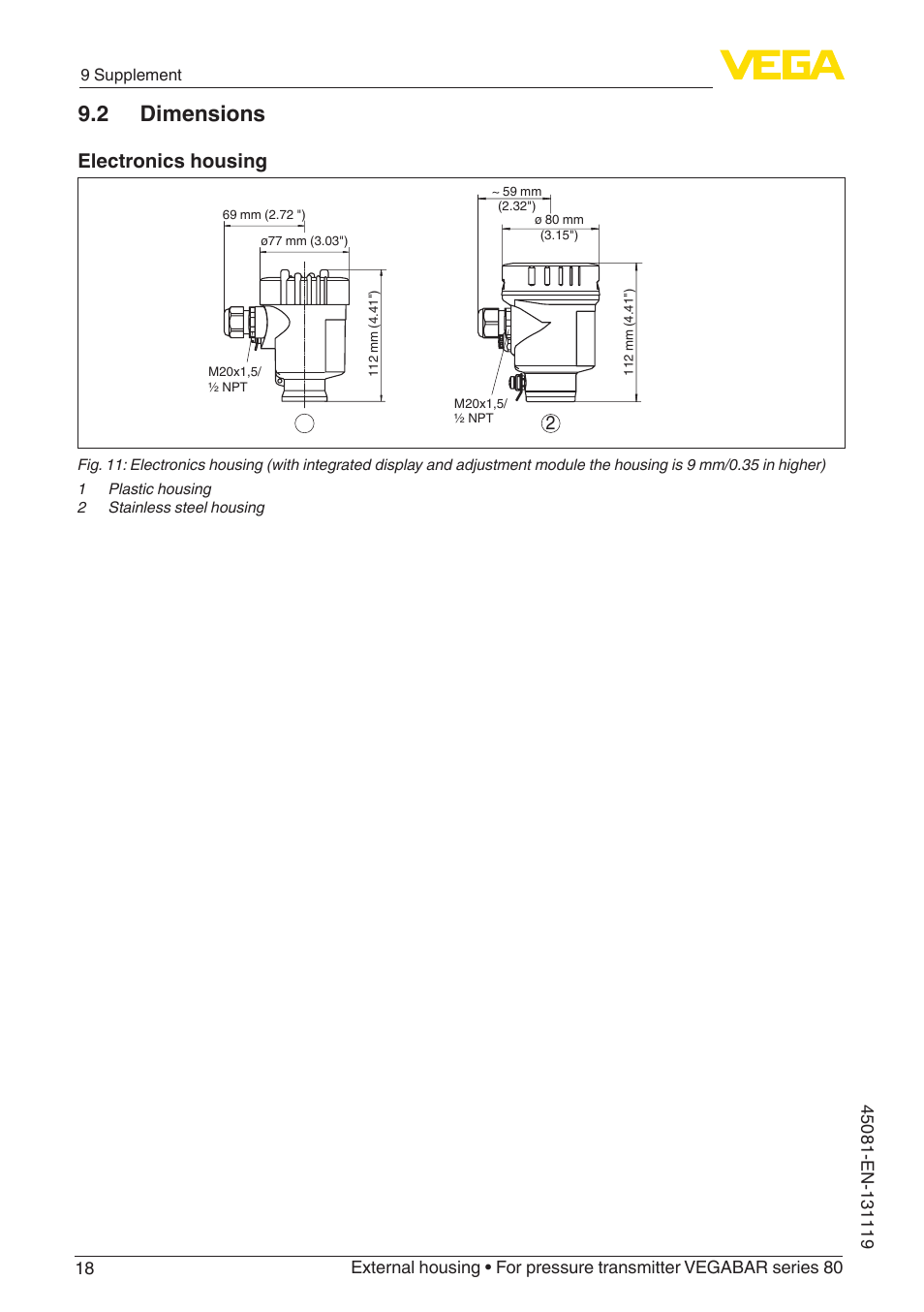 2 dimensions, Electronics housing | VEGA VEGABAR series 80 External housing User Manual | Page 18 / 20