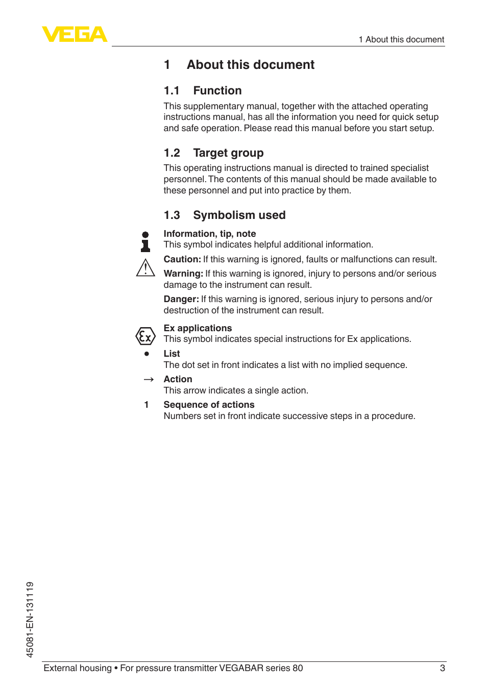 1 about this document, 1 function, 2 target group | 3 symbolism used | VEGA VEGABAR series 80 External housing User Manual | Page 3 / 20