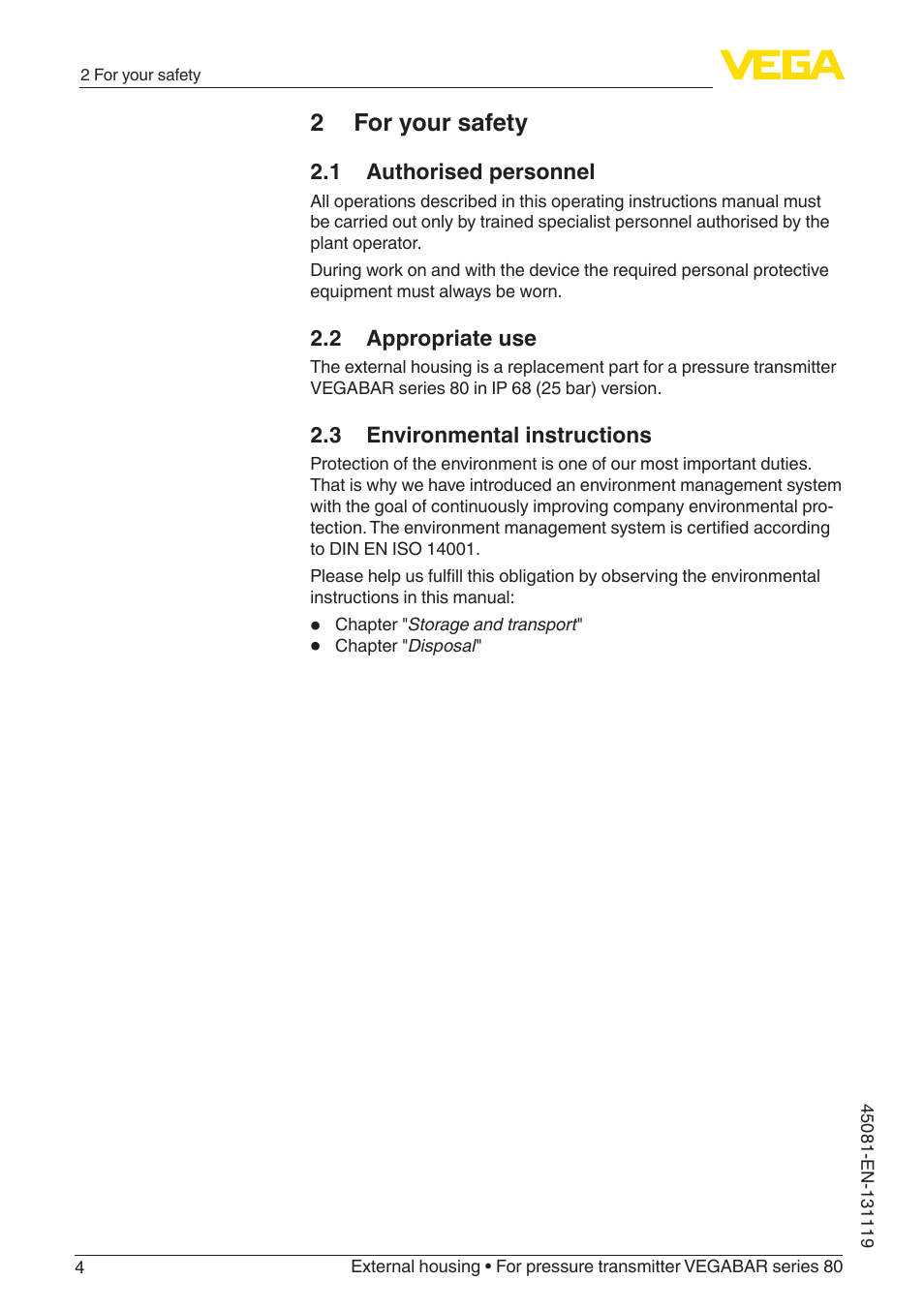 2 for your safety, 1 authorised personnel, 2 appropriate use | 3 environmental instructions | VEGA VEGABAR series 80 External housing User Manual | Page 4 / 20