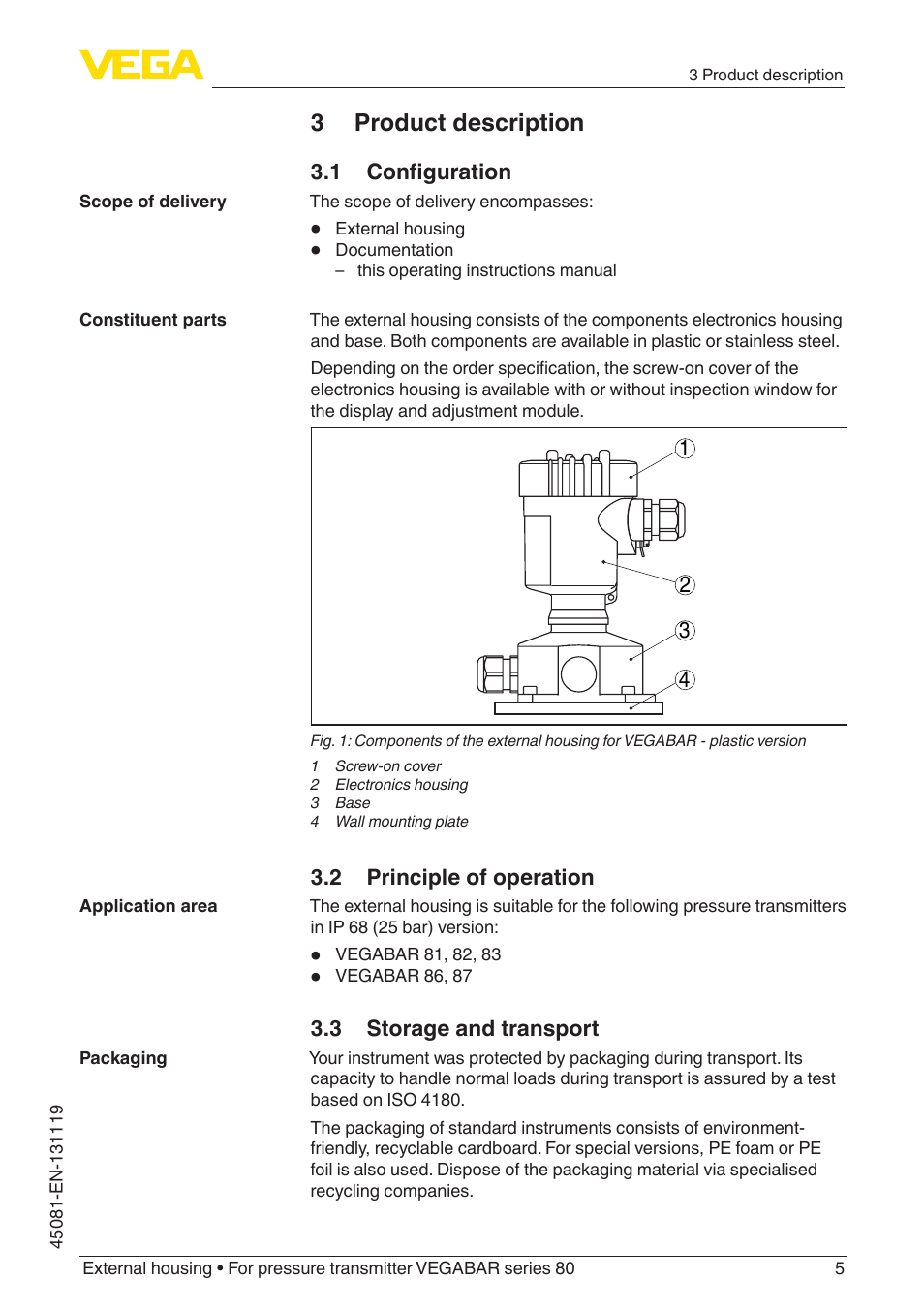 3 product description, 1 configuration, 2 principle of operation | 3 storage and transport | VEGA VEGABAR series 80 External housing User Manual | Page 5 / 20