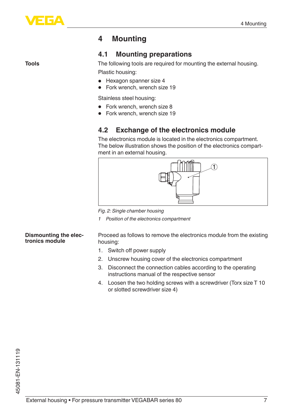 4 mounting, 1 mounting preparations, 2 exchange of the electronics module | VEGA VEGABAR series 80 External housing User Manual | Page 7 / 20