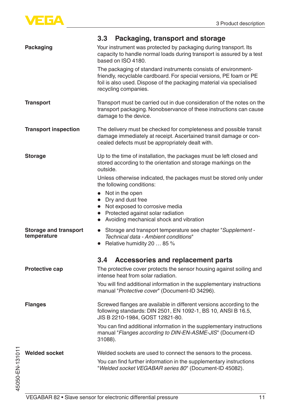 3 packaging, transport and storage, 4 accessories and replacement parts | VEGA VEGABAR 82 Save sensor - Operating Instructions User Manual | Page 11 / 60