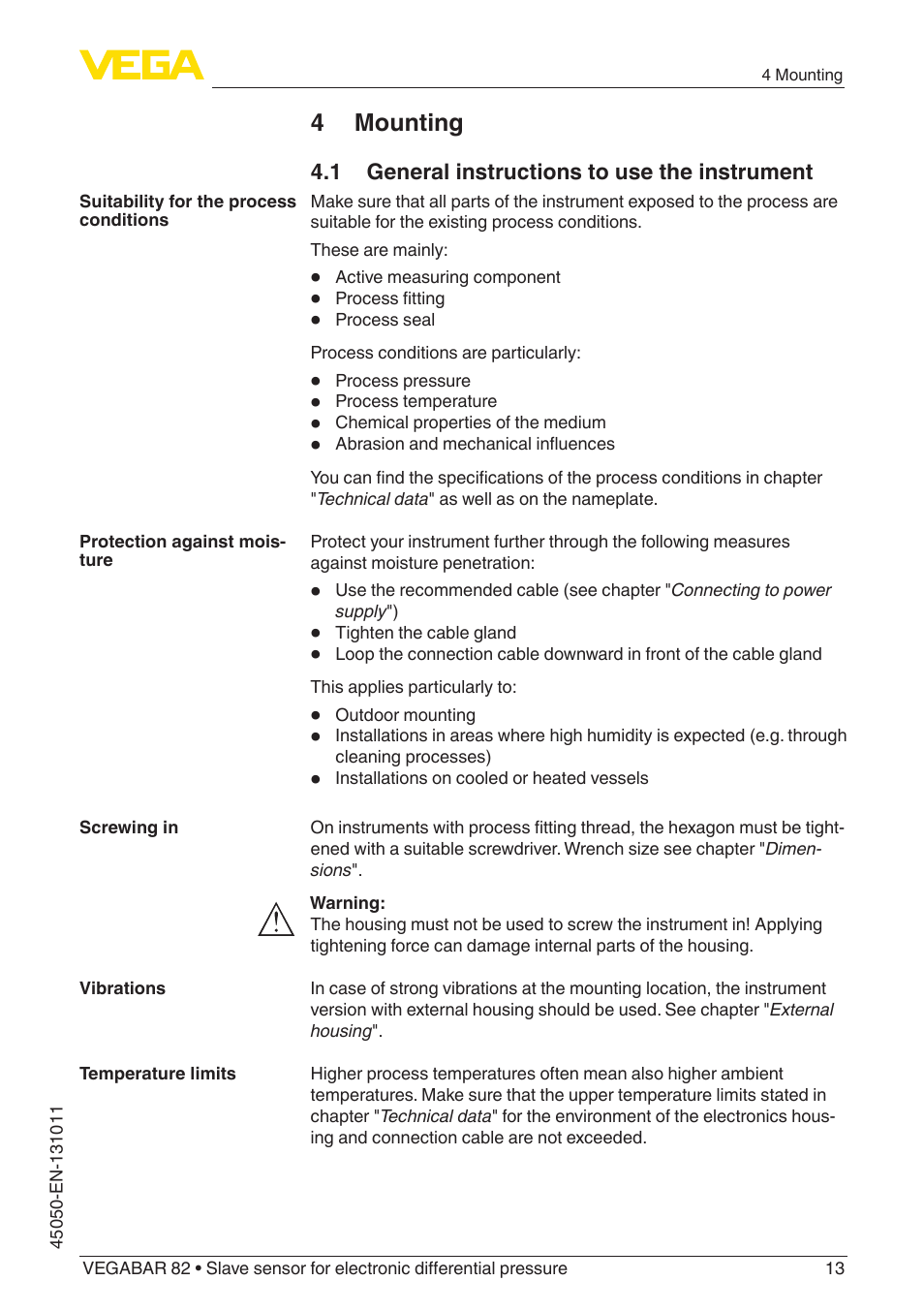4 mounting, 1 general instructions to use the instrument | VEGA VEGABAR 82 Save sensor - Operating Instructions User Manual | Page 13 / 60