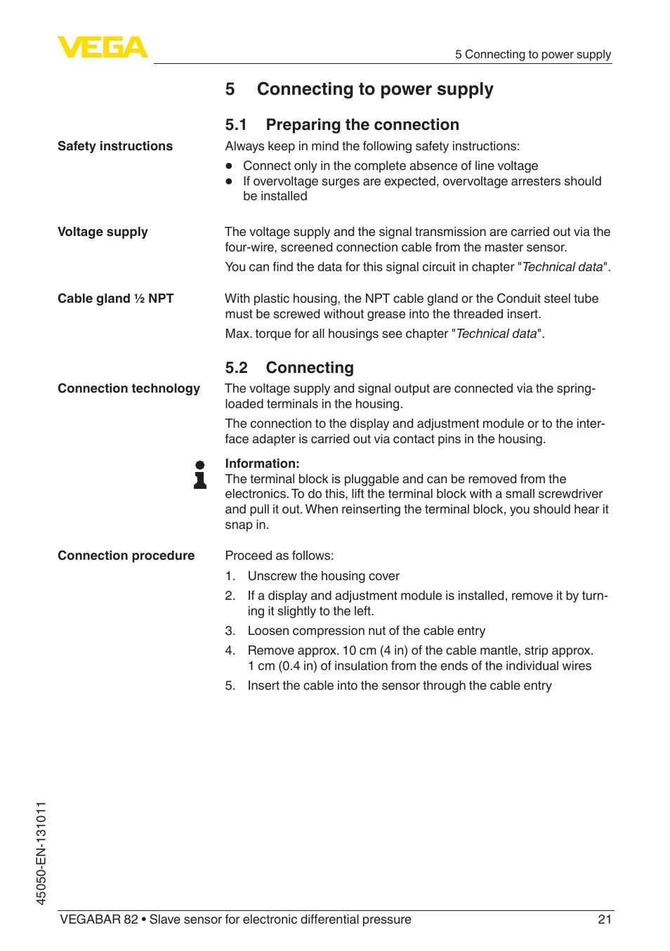 5 connecting to power supply, 1 preparing the connection, 2 connecting | VEGA VEGABAR 82 Save sensor - Operating Instructions User Manual | Page 21 / 60