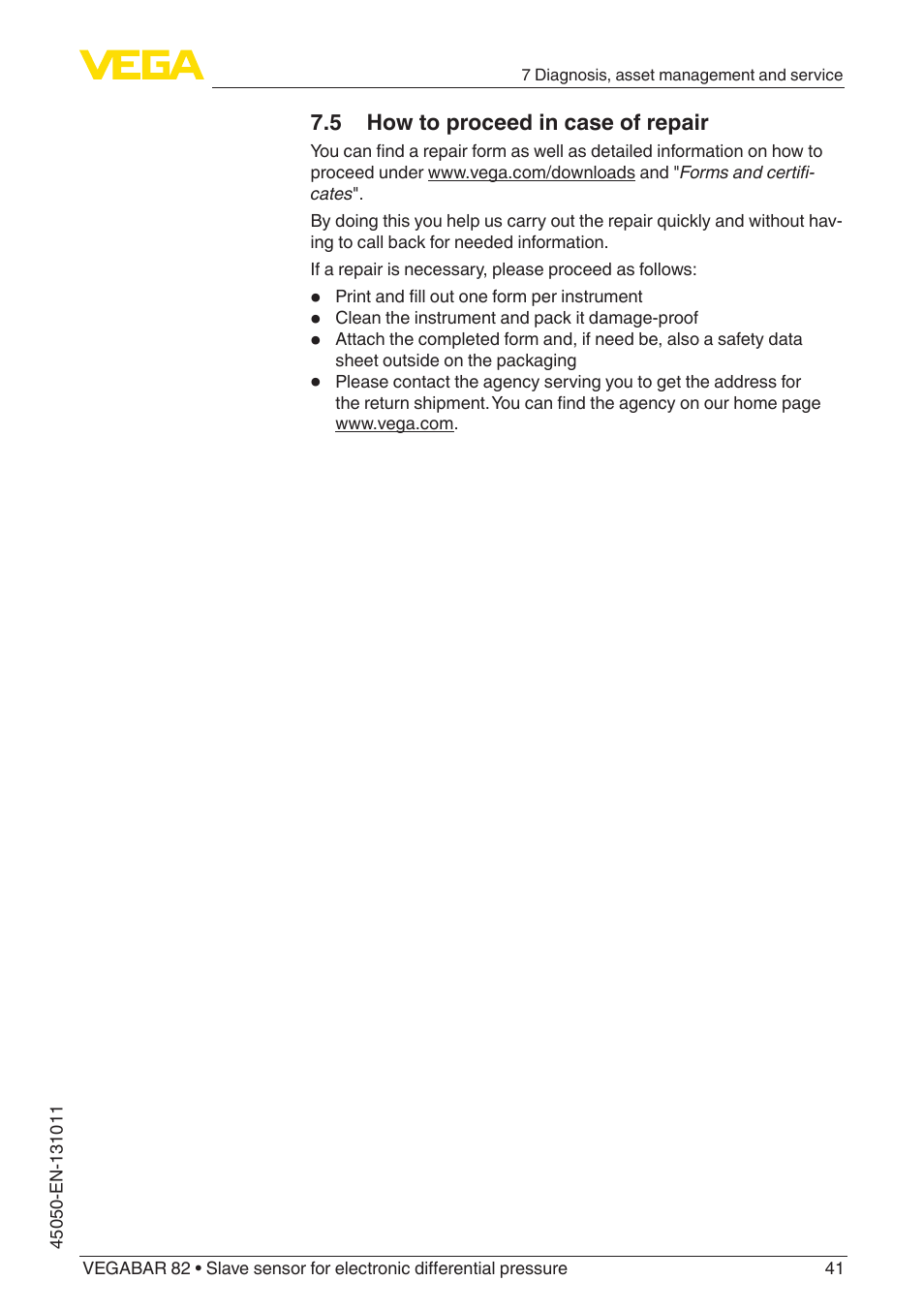 5 how to proceed in case of repair | VEGA VEGABAR 82 Save sensor - Operating Instructions User Manual | Page 41 / 60