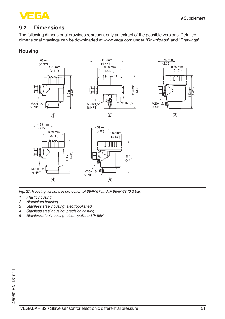 2 dimensions, Housing | VEGA VEGABAR 82 Save sensor - Operating Instructions User Manual | Page 51 / 60